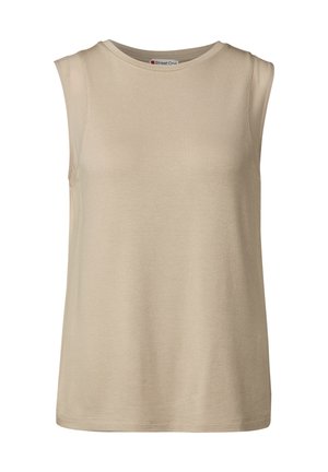 Beige sleeveless top made of soft, ribbed fabric with a round neckline and sheer panel accents at the shoulders.