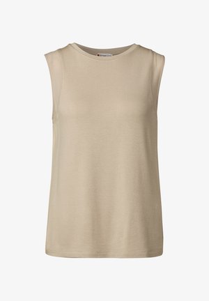 Beige ärmelloses Top aus weichem, geripptem Stoff mit Rundhalsausschnitt und transparenten Paneelen an den Schultern.