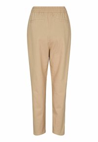 Beige byxors med elastisk midja och tapered passform, med två bakfickor och ett mjukt, lätt tyg. Minimalistisk design utan mönster.