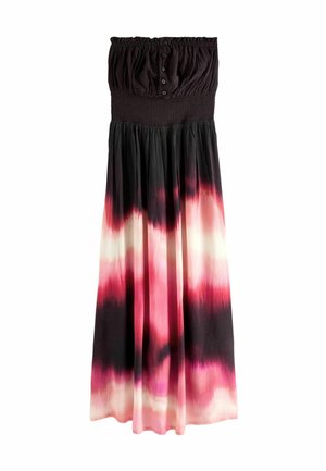 Robe longue bustier avec corsage froncé noir, boutons et jupe tie-dye mêlant noir, rose et blanc.