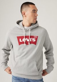 Grijze hoodie met een voorste kangoeroezak, een capuchon met trekkoord en een rode Levi's logo grafiek. Gemaakt van zacht, gestructureerd materiaal voor comfort.