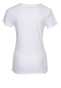 Camiseta blanca de manga corta con cuello redondo, tela suave, corte ligeramente entallado y textura lisa, con un diseño liso en la parte trasera.