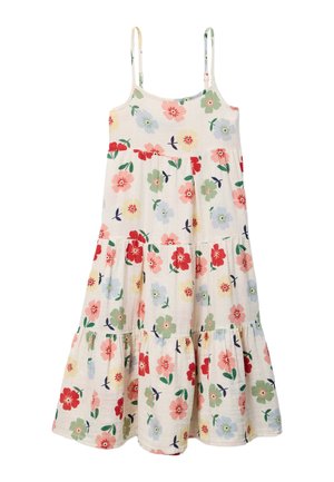 Robe blanche sans manches avec fines bretelles et motif floral coloré en rouge, rose, vert, jaune et bleu, comportant un jupon à étages.