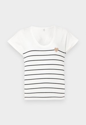 T-shirt blanc avec des rayures noires horizontales, un col rond et des manches courtes. Présente une broderie en forme de cœur beige sur la poitrine.