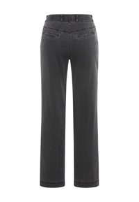 Grijze denimbroek met een recht model, voorzien van twee achterzakken en riemlussen. Het materiaal heeft een gladde textuur en minimale stikaccenten.
