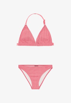 Roze gestreepte bikini-set met een driehoekstop met verstelbare bandjes en een bijpassende low-rise broek. Gemaakt van textiel met een structuur.