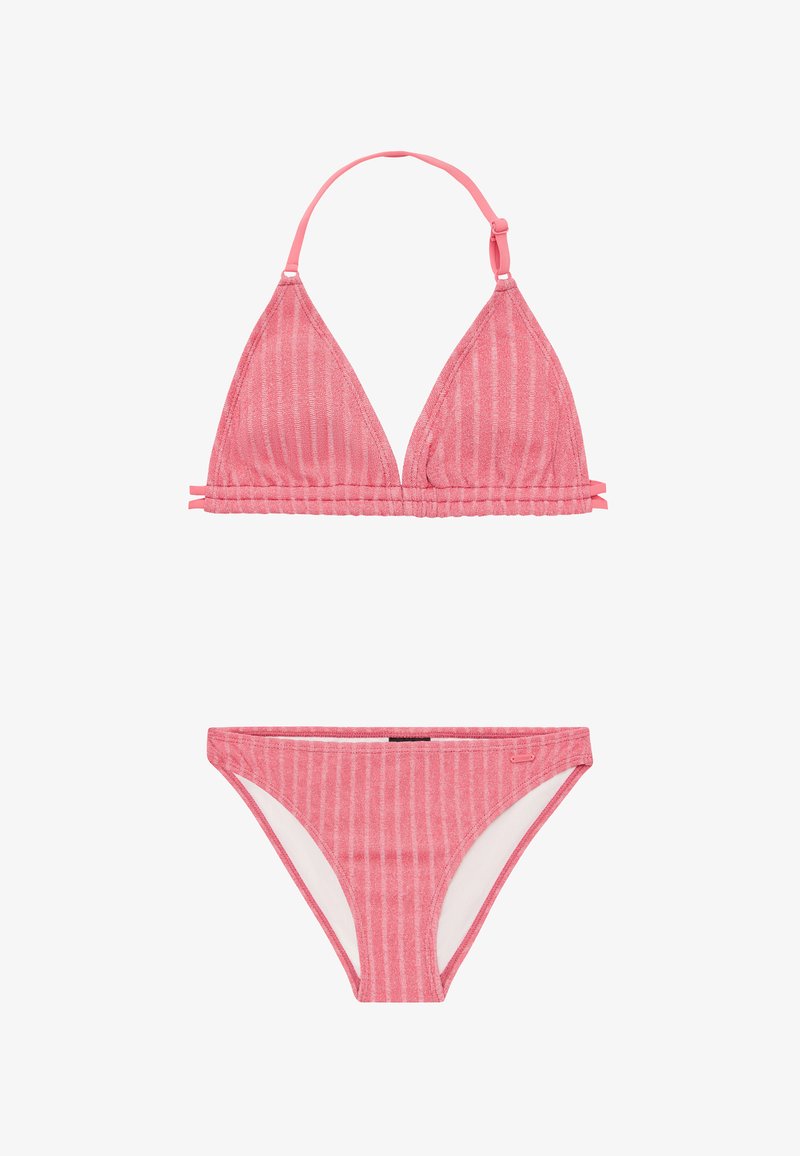 Roze gestreepte bikini-set met een driehoekstop met verstelbare bandjes en een bijpassende low-rise broek. Gemaakt van textiel met een structuur.