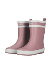 Vaaleanpunaiset kumiset sadetossut, joissa on valkoisia yksityiskohtia, pyöreä kärki ja karkea pohja pidon parantamiseksi. Varustettu vetoketjulla helppoa käyttöä varten.