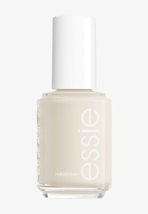 Doorzichtige fles met lichtbeige nagellak, witte dop en "essie" merk op het glazen potje.