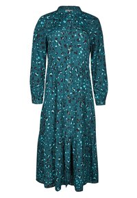 Abito button-up teal con stampa leopardata nera e azzurra chiara, caratterizzato da una gonna a strati e maniche lunghe con polsini elasticizzati.