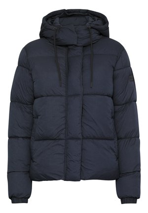 Veste matelassée marine avec capuche, motif à carreaux, poignets élastiques et fermeture éclair. Sections épaisses et matelassées pour l'isolation.