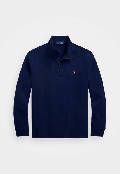 Navy blue long-sleeve quarter-zip sweatshirt with stand collar and small embroidered polo player logo on left chest.