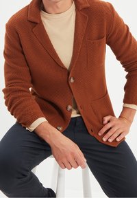 Hnědý texturovaný kardigan se třemi knoflíky, klopovým límcem a kapsou; vrstvený přes béžovou košili. Model sedí s jednou rukou opřenou o stehno.