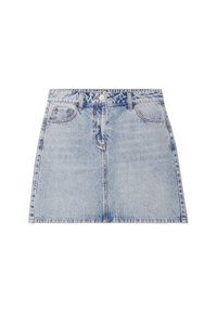 Denim mini skirt in light blue, featuring a front zipper, two pockets, and a clean hem. Distressed texture with faded wash details.