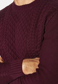 Bordeauxroter Pullover mit einer strukturierten Zopfmuster-Strickerei am Körper und gerippten Bündchen. Der Stoff wirkt weich und dick mit einem runden Ausschnitt.