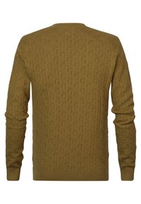 Khaki trui met een gestructureerd geweven patroon, ronde hals en lange mouwen. Ribgebreide manchetten en zoom met een effen kleur overal.