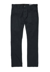 Pantalons bleu marine foncé en coton avec une texture lisse. Comprend des passants de ceinture, des poches avant et une fermeture éclair avec un bouton.
