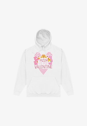 Hvid hættejakke med et grafik af lyserøde bjørne, der holder pizza, med teksten "PIZZA ER MIN VALENTINE" i rød, på en baggrund af pink mursten formet som et hjerte.