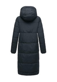 Padded long coat in dark navy with a large hood. Features quilted sections and long sleeves, made from smooth, matte fabric.
