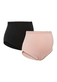 Ensemble de lingerie taille haute en noir et rose clair, fabriqué en tissu doux, avec une bordure en dentelle festonnée autour de la taille.