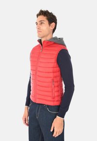 Uomo che indossa un gilet trapuntato rosso senza maniche con cappuccio grigio sopra una maglietta a maniche lunghe blu navy e jeans blu scuro, in piedi contro uno sfondo bianco.