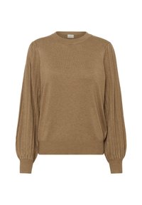 Pull en tricot marron avec une texture côtelée, col rond et manches longues bouffantes. Matière douce et coupe décontractée.