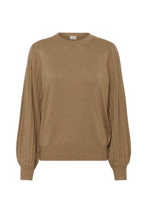 Pull en tricot marron avec une texture côtelée, col rond et manches longues bouffantes. Matière douce et coupe décontractée.