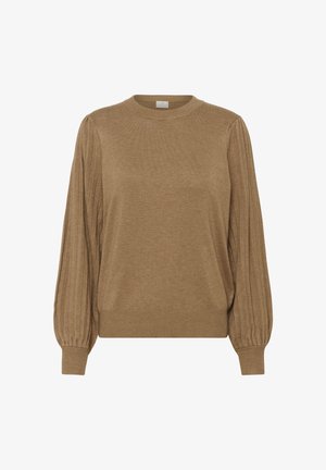 Brown knitted sweater with a ribbed texture, round neck, and puffed long sleeves. Soft material and a relaxed fit.