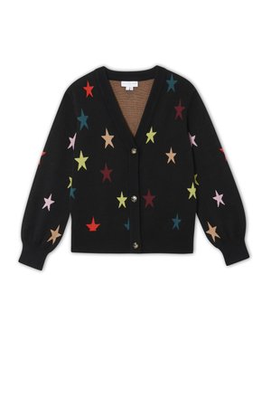 Cardigan negru cu decolteu în V, închidere cu nasturi și modele de stele multicolore de dimensiuni variate pe întreaga țesătură. Textură moale.