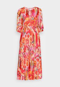 Rotes und pinkfarbenes gemustertes Kleid mit Puffärmeln, V-Ausschnitt und einer Bindeschleife vorne. Gestuftes Design mit bunten geometrischen Drucken.