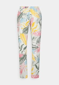 Pantalones blancos estampados con hojas tropicales coloridas en rosa, amarillo, azul y verde. Presentan una cintura elástica para mayor comodidad.
