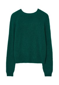 Grüner gestrickter Pullover mit rundem Halsausschnitt, langen Raglanärmeln und gerippter Textur. Mit einem cropped Design und schmalem Saum.