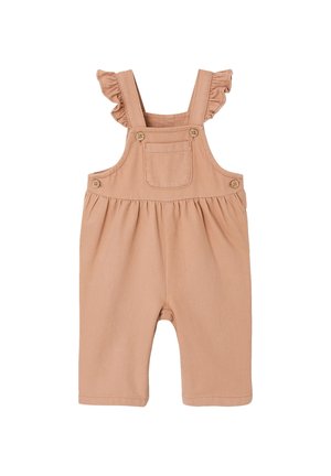 Light brown baby romper with ruffled shoulder straps, front pocket, button closures on straps and sides, and gathered waistline.
