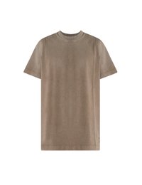 T-shirt a maniche corte di colore marrone tenue, in cotone, con scollo rotondo, orlo dritto, design minimalista senza loghi o motivi visibili.