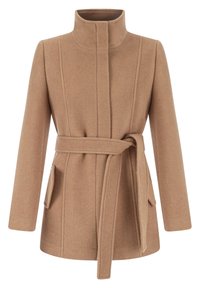 Tan wollen mix jas met een hoge kraag, lange mouwen, een ceintuur in de taille en twee voorzakken; beschikt over naaddetails voor structuur.