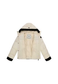 Crème pufferjack met een zwarte fleece-voering in de capuchon en manchet, volledig open rits aan de voorkant, en een Ragwear merklabel aan de binnenkant van de kraag.