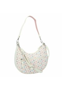 Hobo tas met een geometrisch patroon in pastelkleuren; gemaakt van synthetisch materiaal, met een witte basis, een roze band en zilveren hardware accenten.