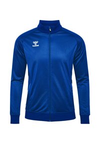 Niebieska kurtka sportowa z zamkiem z przodu, wysokim kołnierzem i ściągaczami na mankietach. Posiada logo "Hummel" na lewej piersi. Gładka tekstura.