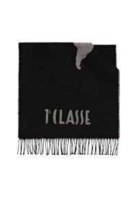 Sciarpa nera con il testo argentato "T'Classe", bordi frangiati, texture morbida, con un motivo sottile nel tessuto. Forma quadrata.