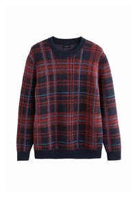 Marineblau und rot kariertes Wollpullover mit blauen Streifen, Rundhalsausschnitt und gerippten Bündchen und Saum.