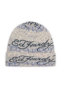 Knit beanie featuring a soft gray base with an intricate pattern of blue and dark green text, displaying the brand name prominently.