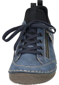 Blue leather sneaker with black accents, round toe, lace-up design, side zipper detail, and textured rubber sole. Highlighted stitching throughout.