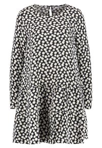 Schwarzes Kleid mit langen Ärmeln, Gänseblümchenmuster in Weiß und Gelb, runder Halsausschnitt, geraffter Rock, weicher Stoff und Schlüsselaugenverschluss im Rücken.