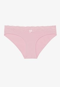 Rosa Baumwollunterhose mit einer Spitzenbund, gewellten Kanten und einem kleinen Satinbanddetail in der Mitte vorne. Weicher Stoff und feminines Design.