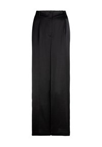 Zwarte wijde broek gemaakt van soepel materiaal, met een hoge taille, voorplooien en een getailleerde pasvorm voor een strakke silhouet.