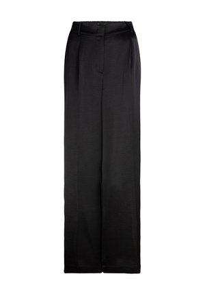Zwarte wijde broek gemaakt van soepel materiaal, met een hoge taille, voorplooien en een getailleerde pasvorm voor een strakke silhouet.