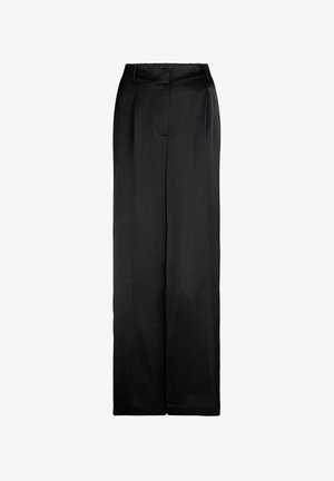 Black wide-leg trousers made of smooth fabric, featuring a high waist, front pleats, and a tailored fit for a clean silhouette.