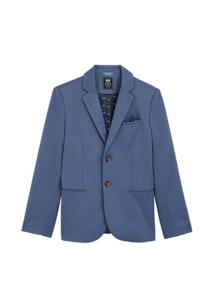 Sinine bleiser tekstureeritud kangast, millel on nõelad lapel, kaks nuppu ja kaks eesmist taskut. Vooderdatud mustrilise sisekangaga.