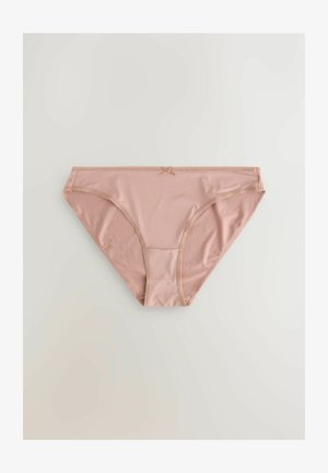 Roosa, üleminekuteta naiste aluspüksid, mis on valmistatud siledast kangast, madala vöökoha lõikega ja keskosas dekoratiivse paelaga.