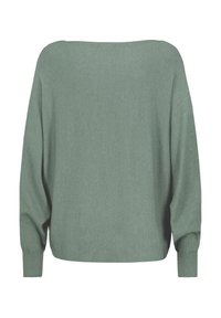 Lichtgroene oversized trui van zachte breimaterialen, met een bootnek, brede mouwen en geribbelde manchetten. Geen patronen.